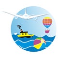 Summer holiday, banner, airplane, summer activities, air transport, balloon and boat, vector icon
