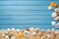 Summer Holiday Banner beach theme with beach accessories on a blue wood background Royalty Free Stock Photo