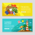 Summer holiday banner travel and lighthouse theme flat style