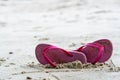 Summer holiday beach background with flip flops on a tropical beach. Red Slippers from a sand on a beach, relax concept Royalty Free Stock Photo