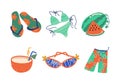 Summer Holiday and Beach Resort Symbols with Flip Flops, Swimsuit, Watermelon, Coconut Cocktail, Sunglasses and Shorts