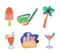 Summer Holiday and Beach Resort Symbols with Ice Cream, Snorkeling Mask, Palm Tree, Cocktail and Sand Castle Vector Set