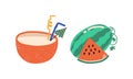 Summer Holiday and Beach Resort Symbols with Juicy Watermelon and Refreshing Cocktail Vector Set