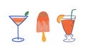 Summer Holiday and Beach Resort Symbols with Refreshing Cocktail and Ice Cream Vector Set