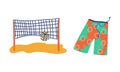 Summer Holiday and Beach Resort Symbols with Volleyball Net and Shorts Vector Set