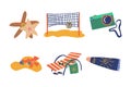 Summer Holiday and Beach Resort Symbols with Volleyball Net, Starfish, Camera, Hat, Sunscreen Cream and Deck Chair