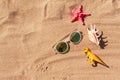 Summer or holiday beach vacation background, travel to the sea with kids. Ocean accessories on sand, starfish, seashell Royalty Free Stock Photo