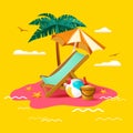 Summer holiday beach vacation. Beach chair, umbrella, coconut tree ,beach ball, sand bucket and spade on beach Royalty Free Stock Photo