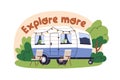 Summer holiday camp. Camper car for adventure. RV vehicle, trailer, mobile home on wheels for travel, rest. Vacation