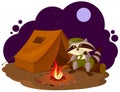 Summer holiday camp. Scout raccoon sitting around campfire. Raccoon tourist tent set. Camping Royalty Free Stock Photo