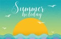 Summer holiday card design in retro style with sunset and sea