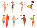 Summer holiday characters. Woman in bikini have a rest on the beach girls in swimsuit playing vector cartoon people Royalty Free Stock Photo