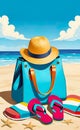 Summer holiday concept. Accessories - bag, straw hat, sunglasses, palm trees, pareo, flip-flops on a sandy beach Royalty Free Stock Photo