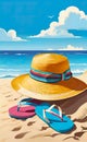 Summer holiday concept. Accessories - bag, straw hat, sunglasses, palm trees, pareo, flip-flops on a sandy beach Royalty Free Stock Photo