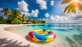 Summer holiday concept. Accessories - bag, straw hat, sunglasses, palm trees, pareo, flip-flops on a sandy beach Royalty Free Stock Photo