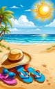 Summer holiday concept. Accessories - bag, straw hat, sunglasses, palm trees, pareo, flip-flops on a sandy beach Royalty Free Stock Photo