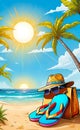 Summer holiday concept. Accessories - bag, straw hat, sunglasses, palm trees, pareo, flip-flops on a sandy beach Royalty Free Stock Photo