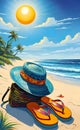 Summer holiday concept. Accessories - bag, straw hat, sunglasses, palm trees, pareo, flip-flops on a sandy beach Royalty Free Stock Photo