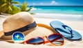 Summer holiday concept. Accessories - bag, straw hat, sunglasses, palm trees, pareo, flip-flops on a sandy beach Royalty Free Stock Photo