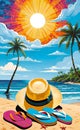 Summer holiday concept. Accessories - bag, straw hat, sunglasses, palm trees, pareo, flip-flops on a sandy beach Royalty Free Stock Photo