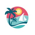 Summer holiday - concept business logo vector illustration in flat style. Tropical paradise creative badge. Palms, coast, sun, sea