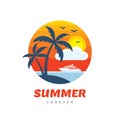 Summer holiday - concept business logo vector illustration in flat style. Tropical paradise creative badge. Palms, island, beach, Royalty Free Stock Photo
