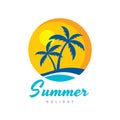 Summer holiday - concept business logo vector illustration in flat style. Tropical paradise creative logo. Palms, island, beach