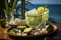 Summer holiday concept. Sunglasses with colorful cocktail beach and blue sky background