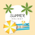 Summer holiday design girl is lying on the beach under an umbrella and palm tree Royalty Free Stock Photo
