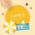 Summer holiday design girl is lying on the beach under an umbrella and palm tree Royalty Free Stock Photo