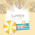 Summer holiday design girl is lying on the beach under an umbrella and palm tree Royalty Free Stock Photo