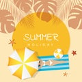 Summer holiday design girl is lying on the beach under an umbrella and palm tree Royalty Free Stock Photo