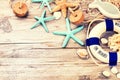 Summer holiday frame with seashells and beach accessories. Summer background Royalty Free Stock Photo