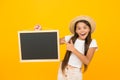 Summer holiday fun. kid at school. happy child pointing finger on blackboard. back to school. our school is out for Royalty Free Stock Photo