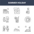9 summer holiday icons pack. trendy summer holiday icons on white background. thin outline line icons such as sunbathing, fish,