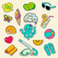 Summer holiday icons. Set of cartoon stickers, patches, badges, pins, prints for kids. Set of cute summer beach items
