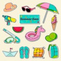 Summer holiday icons. Set of cartoon stickers, patches, badges, pins, prints for kids. Set of cute summer beach items Royalty Free Stock Photo