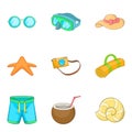 Summer holiday icons set, cartoon style Royalty Free Stock Photo