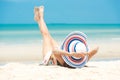 Summer Holiday.  Lifestyle smiling asian woman wearing bikini fashion summer trips relax on the sandy ocean beach. Happy woman enj Royalty Free Stock Photo