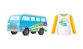 Summer holiday objects set. Vintage hippie van and rashguard vector illustration