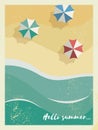 Summer holiday or party poster or postcard template with sunny sandy beach, sea with waves and umbrellas with vintage