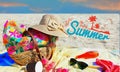 Summer holiday quotes text beach and sea exotic luxury resort relax dress hat sunglasses handbag beachwear women accessories b