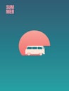 Summer holiday, road trip adventure and leisure vector concept. Minivan or campervan in sunset. Symbol of relax, cruise Royalty Free Stock Photo