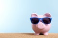 Summer holiday savings concept, travel money planning, Piggy bank on beach vacation, copy space