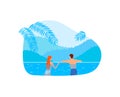 Summer holiday at sea, vacation at beach, people in tropical water background, vector illustration. Love couple Royalty Free Stock Photo