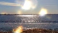 Summer Holiday Seascape Sunset  exotic  sea beach in Harbor water wave reflection skyscape Tallinn  panorama horizon stone   l Royalty Free Stock Photo