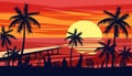 Summer holiday season. Tropical exotic beach sunset ocean sea. Silhouettes of palm trees, jetty, sun. Vector Royalty Free Stock Photo