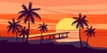 Summer holiday season. Tropical exotic beach sunset ocean sea. Silhouettes of palm trees, jetty, sun. Vector Royalty Free Stock Photo