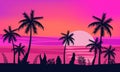 Summer holiday season. Tropical exotic beach sunset ocean sea. Silhouettes of palm trees, jetty, sun. Vector Royalty Free Stock Photo
