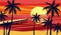 Summer holiday season. Tropical exotic beach sunset ocean sea. Silhouettes of palm trees, jetty, sun. Vector Royalty Free Stock Photo